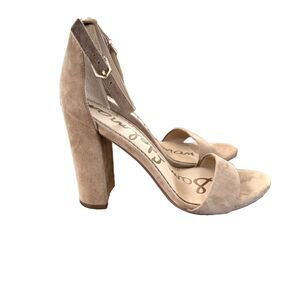 Sam Edelman Yaro Sz 7.5 Beige Nude Suede Leather Open Toe Heel Sandal Classic 3"